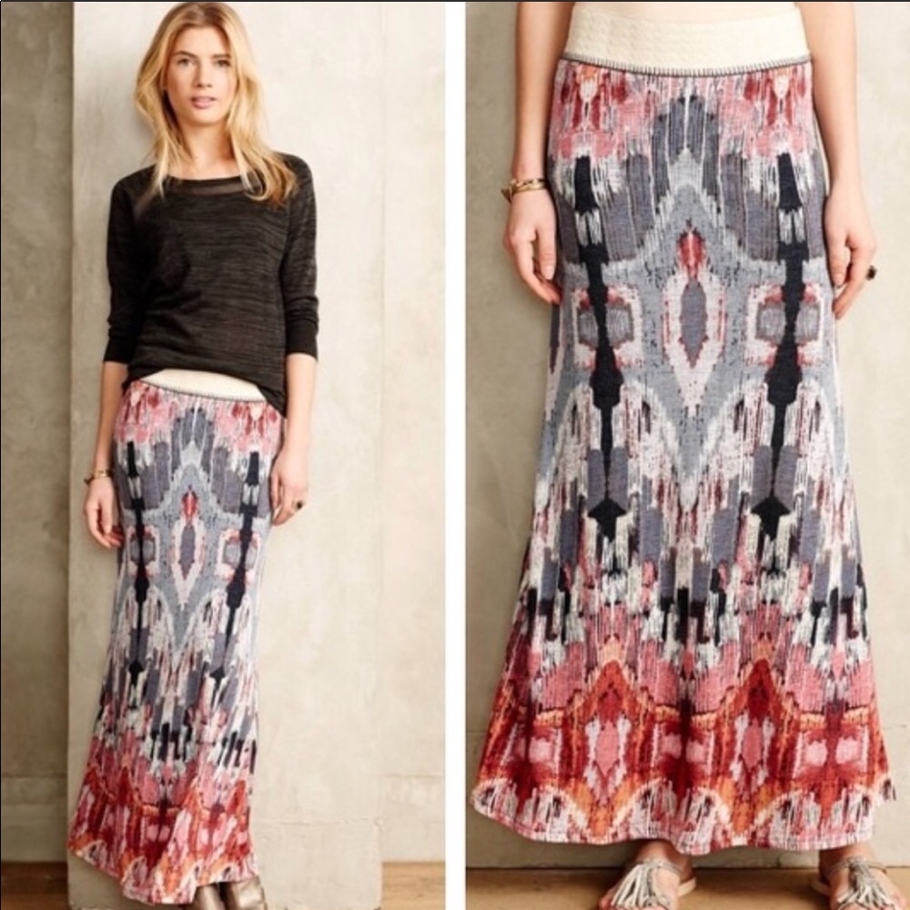 Anthropologie Ikat Maxi Skirt in Red, Gray, Black and Cream